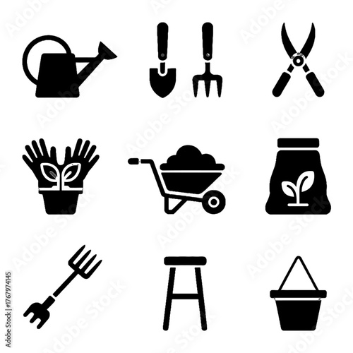 Set of gardening tools and equipment icons including watering can, shovel, rake, wheelbarrow, gloves, seed bag, and pot