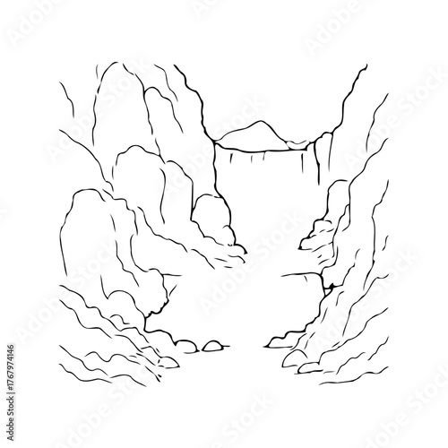 Minimalist illustration of a rugged canyon landscape with rock formations and a narrow passage