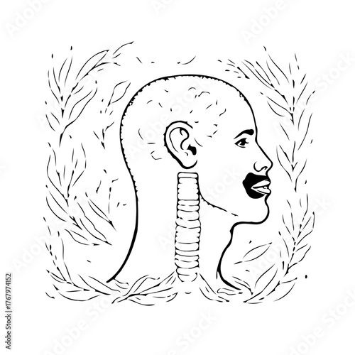 Minimalist line art showcasing profile of an individual with neck adornment encircled by botanical