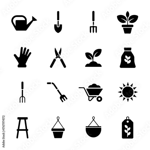Set of gardening tools and plant-related icons in black silhouette style
