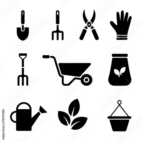 Set of gardening tools and equipment icons including shovel, rake, shears, gloves, wheelbarrow, seed jar, watering can, leaves, and hanging pot