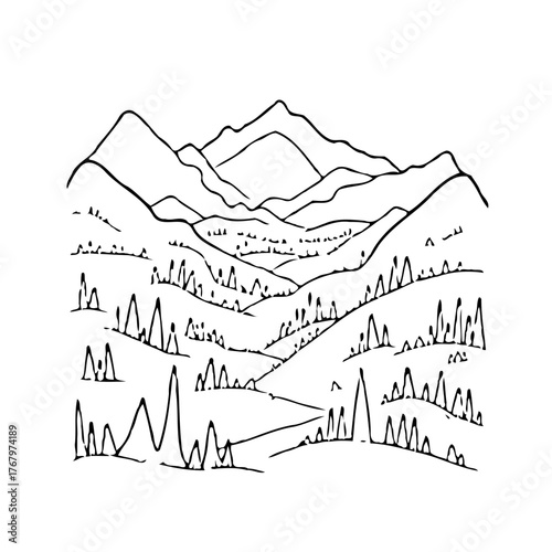 Minimalist mountain range drawing with layered hillsides and scattered evergreen trees creates a