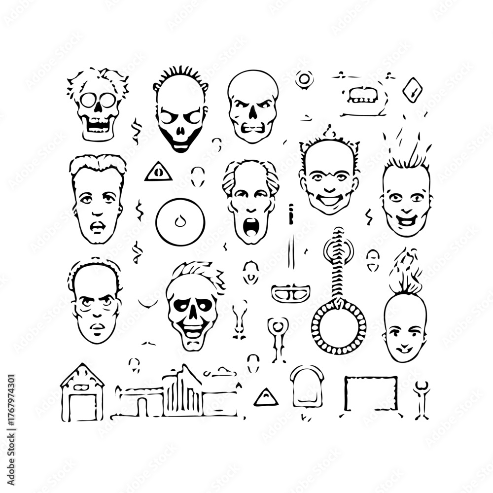 Fototapeta premium Monochrome graphic vector illustration showcasing various spooky and quirky face expressions and