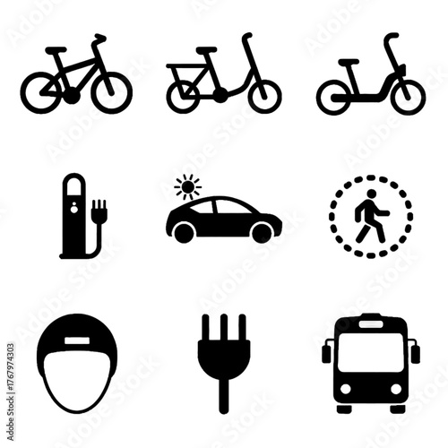 Set of transportation and mobility icons including bicycles, electric scooter, car, bus, charging station, helmet, plug, and pedestrian symbol