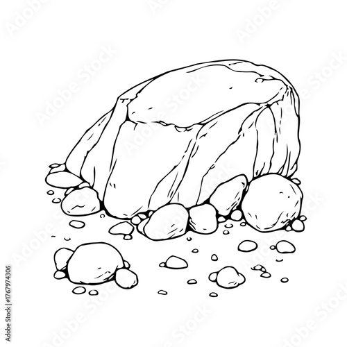 Monochrome illustration of a large boulder surrounded by smaller stones evokes a natural scene for