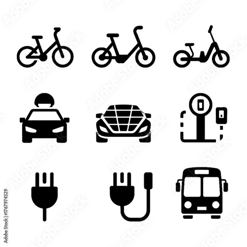 Set of transportation and electric vehicle icons including bicycles, cars, charging stations, and a bus