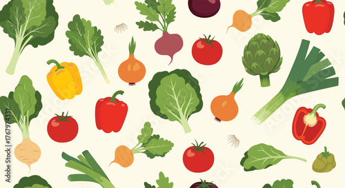 A vibrant and colorful seamless pattern featuring an assortment of fresh, healthy, and organic vegetables scattered on a light background.