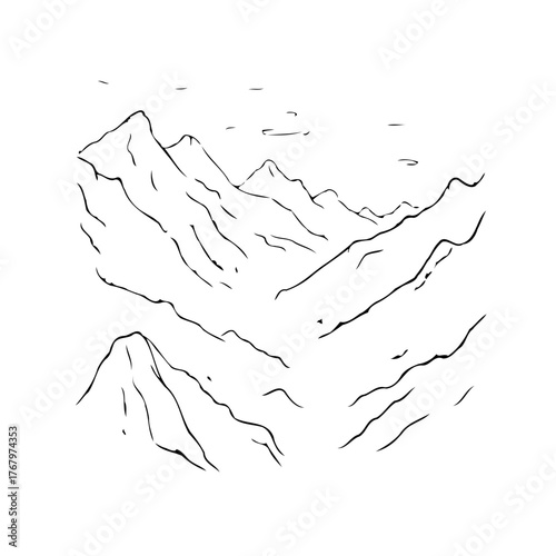 Monochrome mountainous landscape illustration showcases jagged peaks and flowing lines capturing