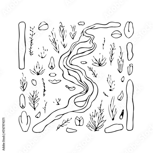 Monochrome nature doodle illustration featuring a winding river herbs pebbles and organic shapes
