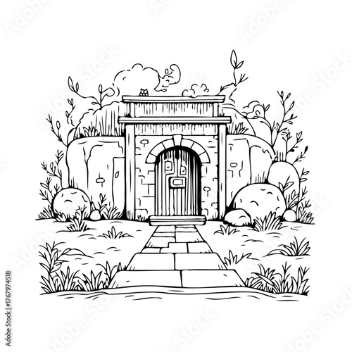 Mysterious stone entrance amidst nature: a black and white sketch inviting wonder and exploration