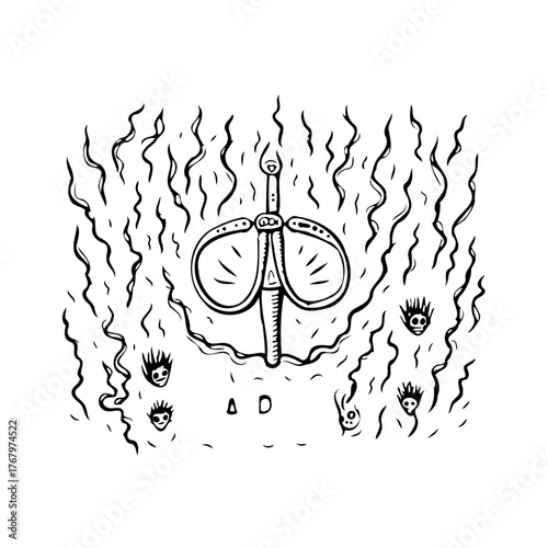 Mystical blade and demonic faces in a surrealistic world illustration evoking the feeling of