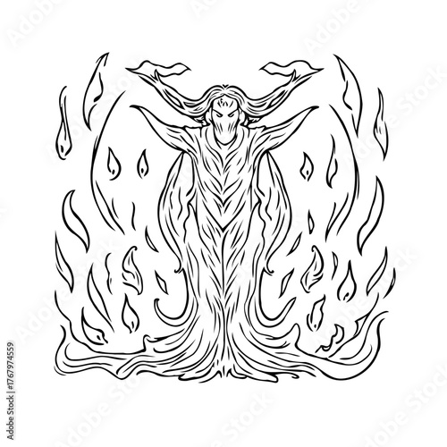 Mystical entity enveloped in flames monochrome representation in an illustrative art style with