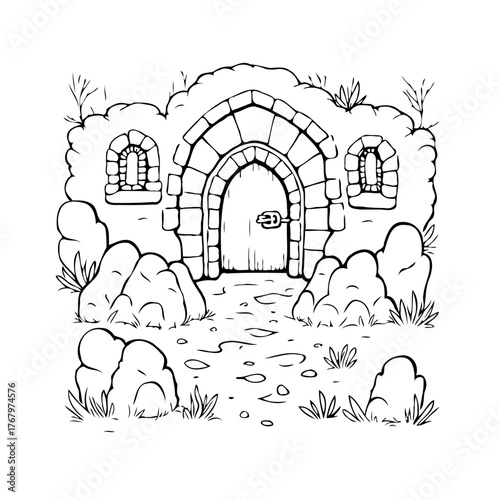 Mystical stone facade drawing of an ancient building with arched doorway illustration and adjacent