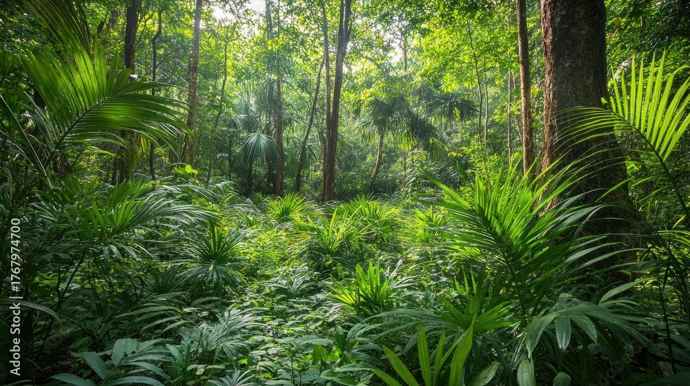 Fototapeta premium Lush Tropical Forest Floor Sunlight Filters Through Canopy