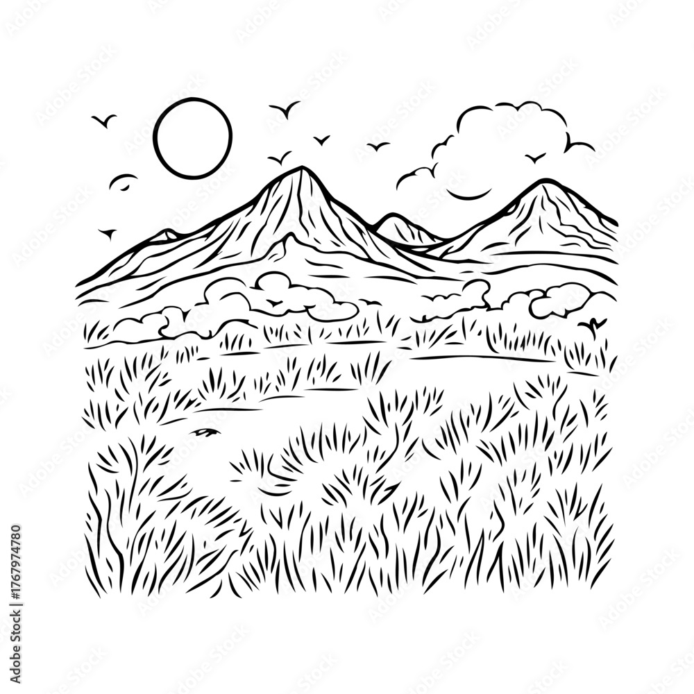 Fototapeta premium Scenic mountain vista sketch with sun birds foliage creating serene landscape for natural art