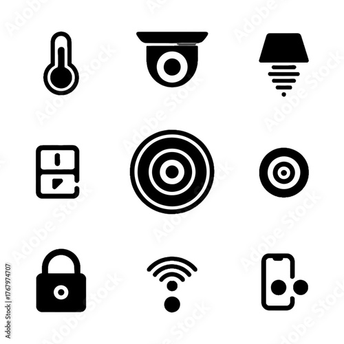 Set of black and white icons representing smart home and security devices including temperature, surveillance, lighting, storage, target, lock, Wi-Fi, and mobile control.