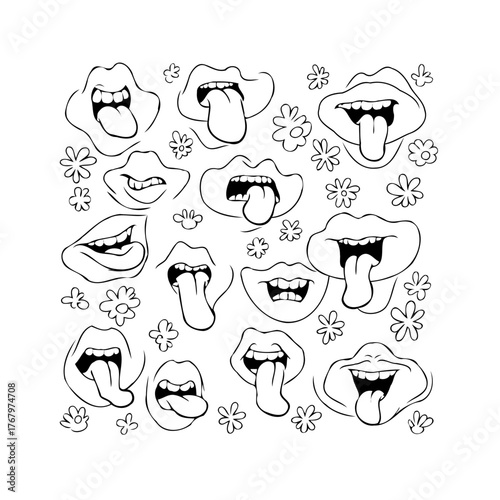 Playful mouths and whimsical floral doodles in black and white outline illustration for eccentric