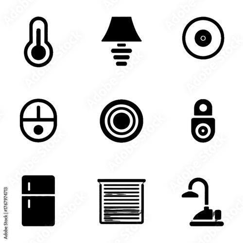 Set of household and home automation icons including thermostat, lamp, fan, lock, refrigerator, blinds, and sink faucet