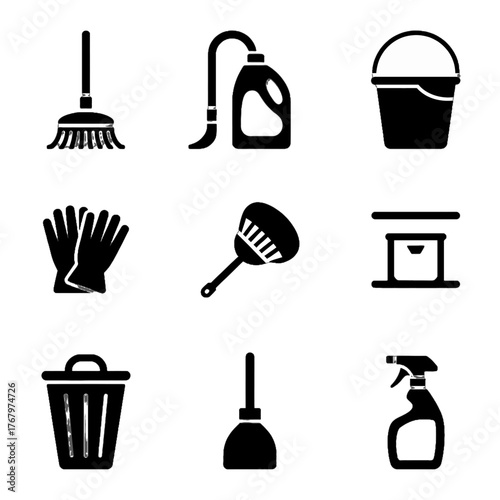 Set of cleaning tools and supplies icons including broom, mop, bucket, gloves, dustpan, trash can, and spray bottle