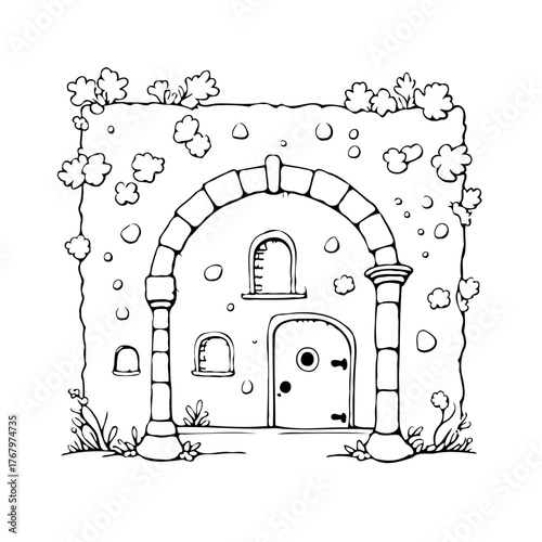 Quaint cobblestone dwelling with archway and floral accents an inviting architectural drawing