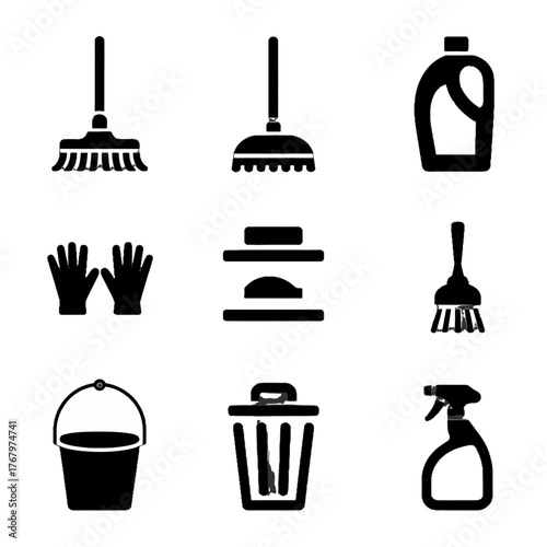 Set of cleaning tools and supplies icons including broom, mop, gloves, bucket, trash can, spray bottle, and detergent