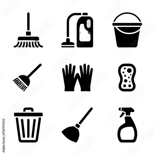 Set of cleaning tools and supplies icons including broom, mop, bucket, gloves, sponge, trash can, shovel, and spray bottle