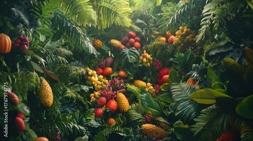 Fototapeta Naklejka Na Ścianę i Meble -  Lush tropical fruit wall decor, vibrant display, jungle background,  promotional backdrop