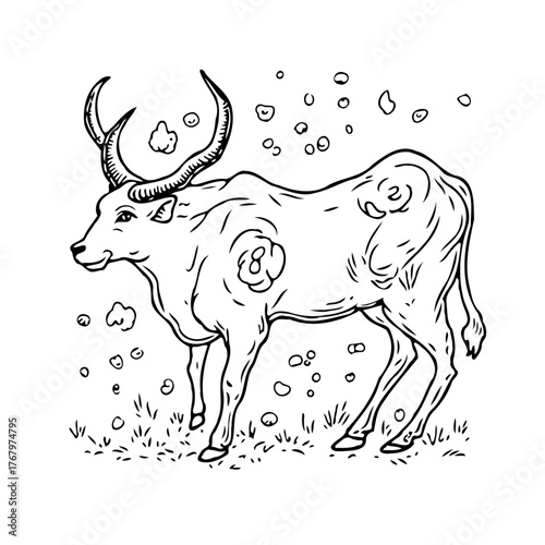 Serene depiction of a horned bovine with decorative elements evokes a whimsical and tranquil