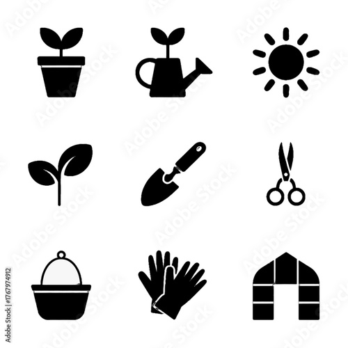 Set of black silhouette icons representing gardening tools and elements including plants, watering can, sun, trowel, scissors, bucket, gloves, and greenhouse