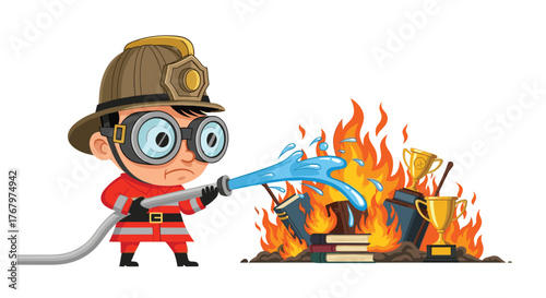 A determined child dressed as a firefighter uses a hose to extinguish flames consuming books and trophies, symbolizing the protection of knowledge and achievements.