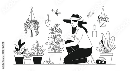 A smiling woman in a hat tends to a potted tomato plant, surrounded by houseplants and gardening tools, illustrating home gardening joy.