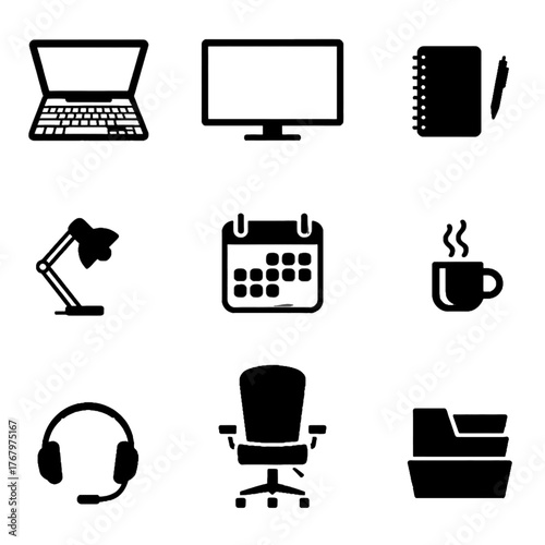 Set of office and workspace icons including laptop, desktop monitor, notebook, desk lamp, calendar, coffee cup, headset, office chair, and file folder