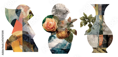 Retro Cutout Collage of Colorful Shapes and Floral Elements Isolated