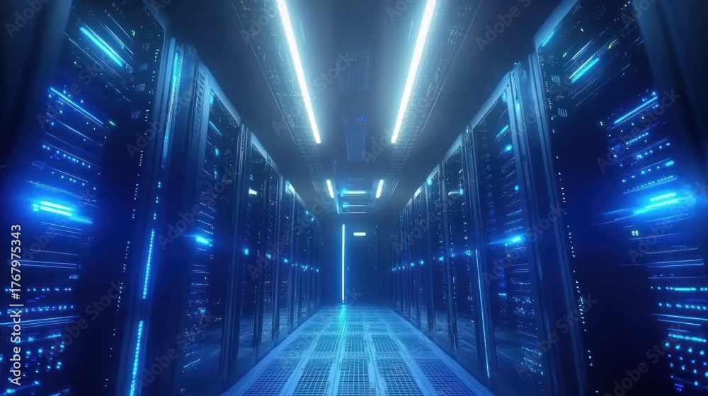 Fototapeta premium Server room illuminated by blue light