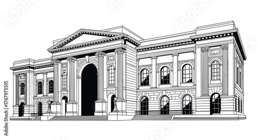 Grand classical architectural illustration depicting a historic public building with an arched entrance and prominent columns.