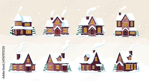 Charming vector illustrations of cozy winter houses covered in snow, with warm glowing windows and smoking chimneys, perfect for festive designs.