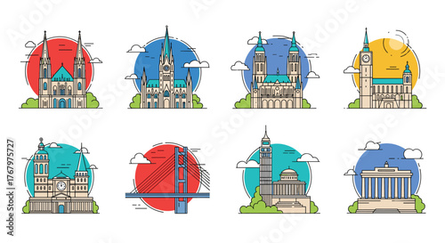 Flat line icons of famous world city landmarks and travel destinations.