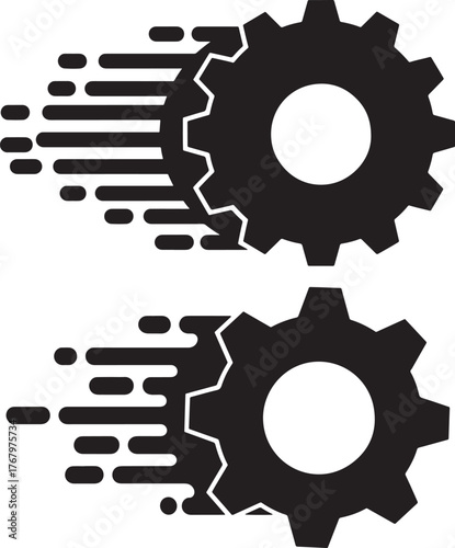 Two spinning gears with motion trails silhouette