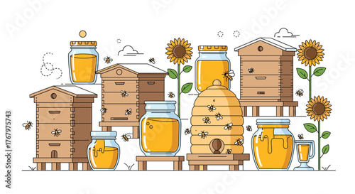 An illustration of an apiary scene featuring various beehives, jars of golden honey, busy bees, and bright sunflowers.