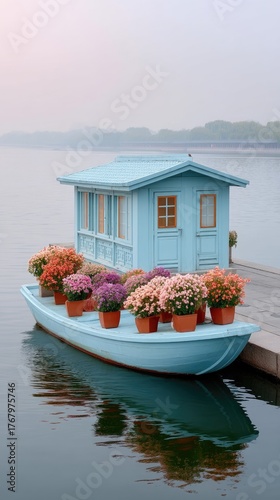 Light Blue Wooden Boat Adorned With Colorful Potted Chrysanthemums Floating On Calm Water With Misty Background and Subtle Reflection