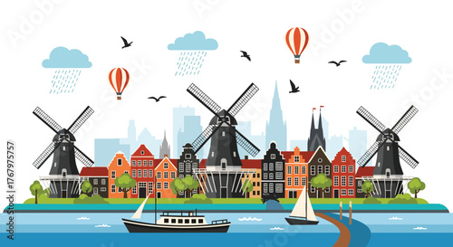 Picturesque Dutch cityscape with traditional houses, iconic windmills, boats on canals, and hot air balloons under a partly cloudy sky.