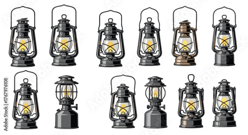 Set of rustic vintage lanterns, including classic oil and pressure models, each beautifully illuminated against a white background.