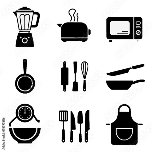 Collection of kitchen utensils and appliances icons in black silhouette style