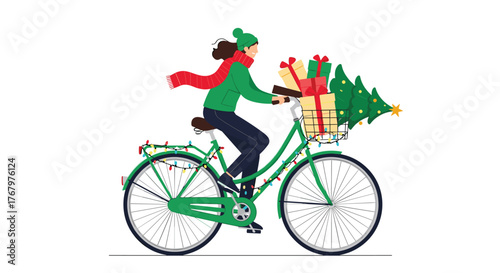 A festive person in winter clothes rides a green bicycle decorated with Christmas lights, carrying a tree and gifts for holiday celebration.