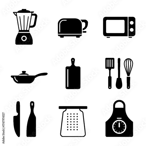 Collection of kitchen appliances and utensils depicted as black silhouette icons