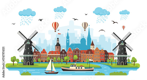Flat design illustration of a European canal city with windmills, historic buildings, boats, hot air balloons, and a rainy sky.