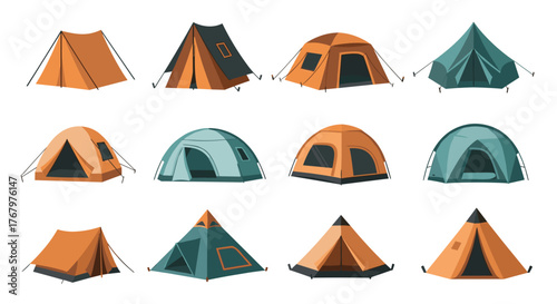 Collection of various stylized camping tents for outdoor adventures, wilderness expeditions, and recreational travel.