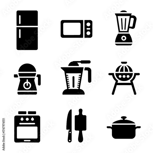 Set of kitchen appliances and cooking tools icons in black silhouette style