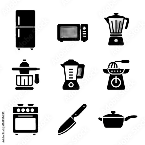 Set of kitchen appliances and cooking tools depicted as black silhouette icons