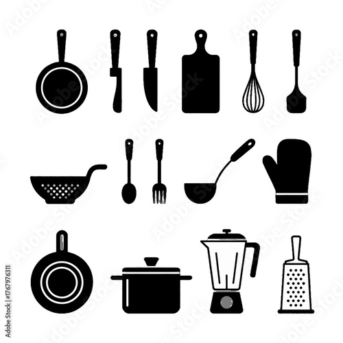 Collection of kitchen utensils and cookware icons in black silhouette style